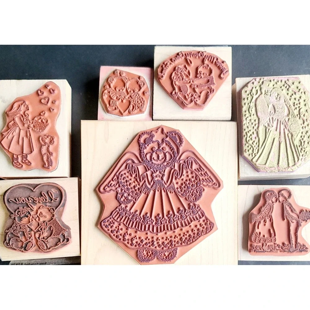 Vintage Wood Rubber Stamp Lot Love‎ Teddy Bears Angel Get Well Wedding 13pc Set